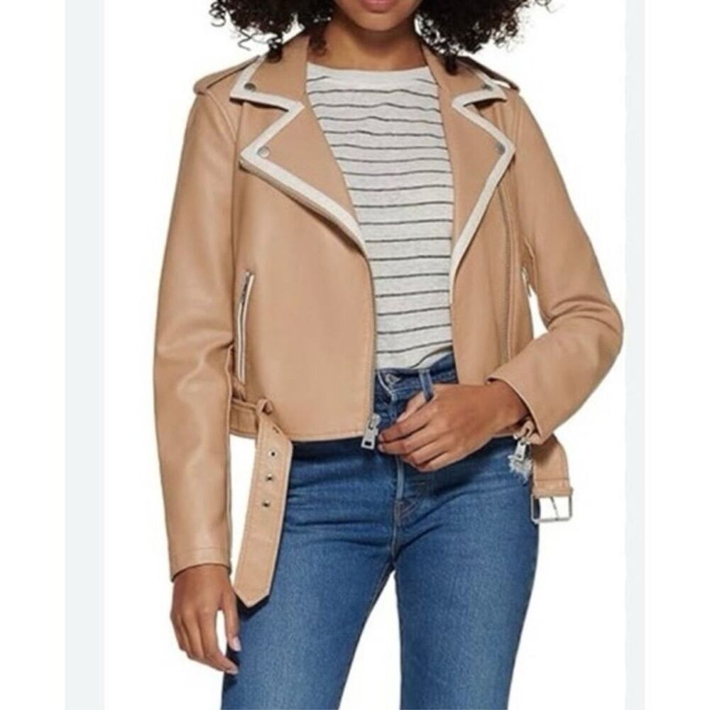 Levi’s $150 Belted Faux Leather Moto Jacket Biscotti Tan Medium NEW